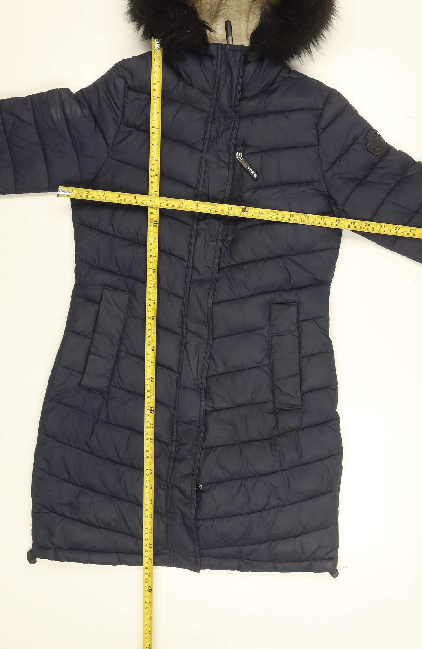 Superdry Womens Blue Long Puffer Coat Size 10 Hooded Fur Trim Winter Jacket