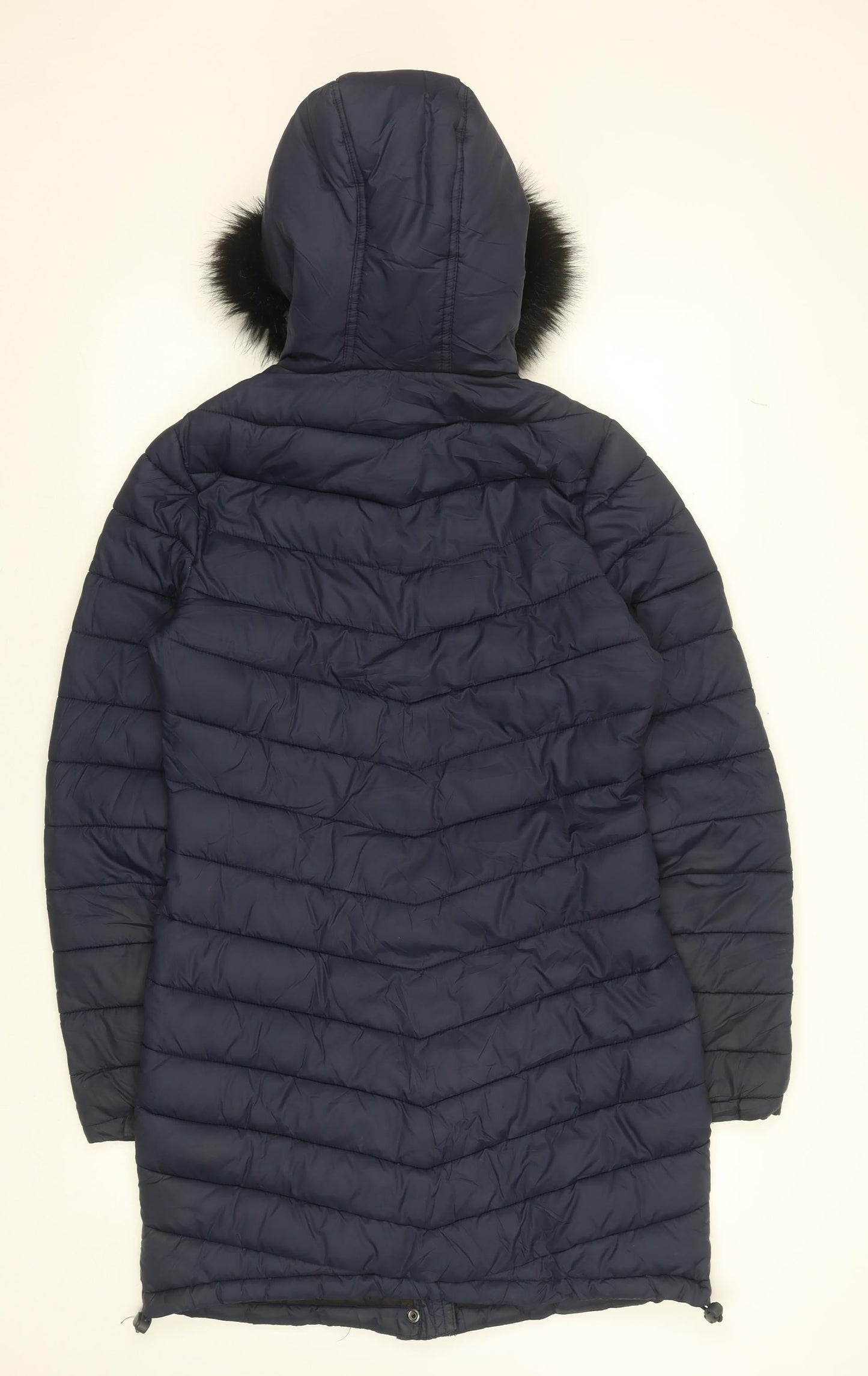 Superdry Womens Blue Long Puffer Coat Size 10 Hooded Fur Trim Winter Jacket