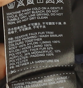 Superdry Womens Blue Long Puffer Coat Size 10 Hooded Fur Trim Winter Jacket