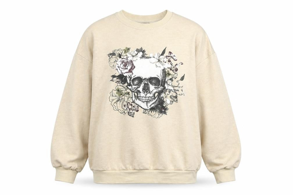 AX Paris Women’s Beige Skull Floral Graphic Pullover Sweatshirt S/M
