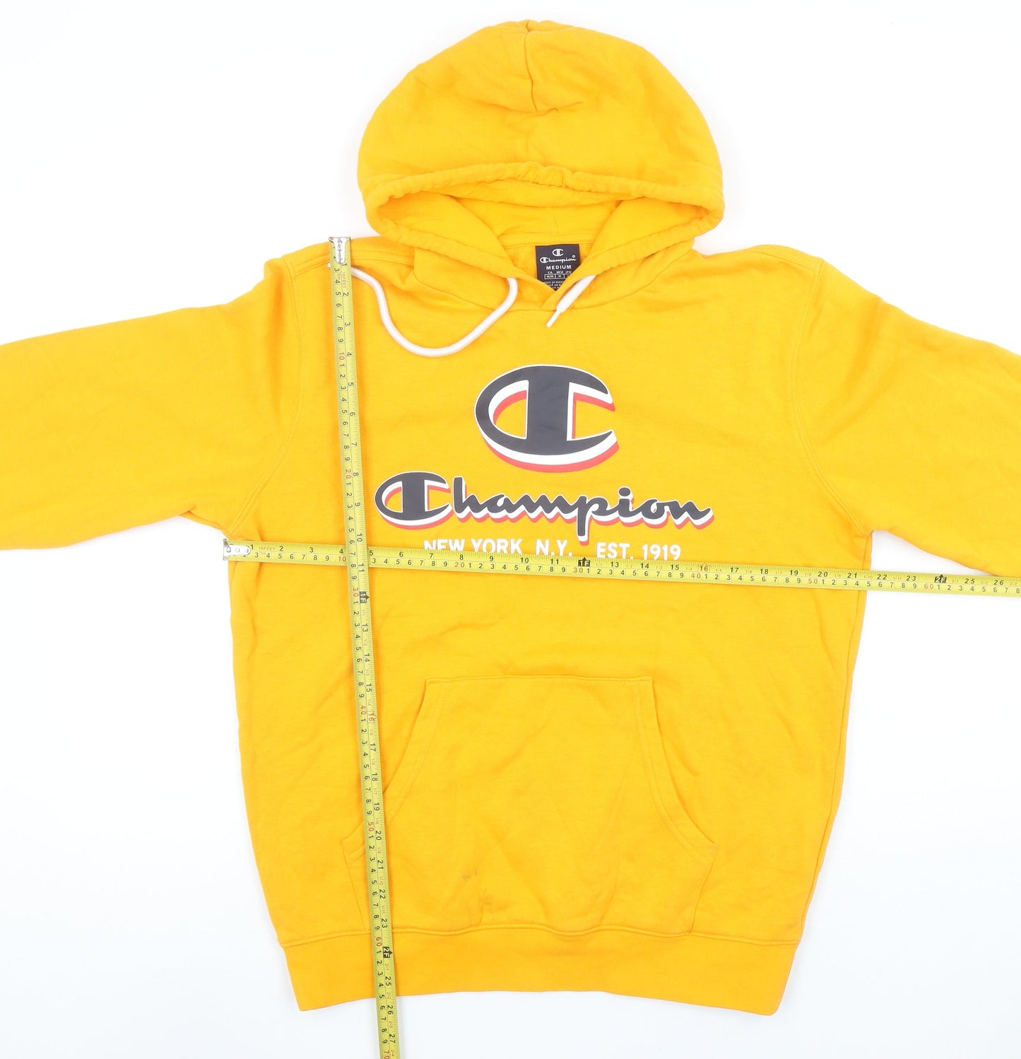 Champion Mens Yellow Pullover Hoodie Medium Logo Graphic Cotton Blend