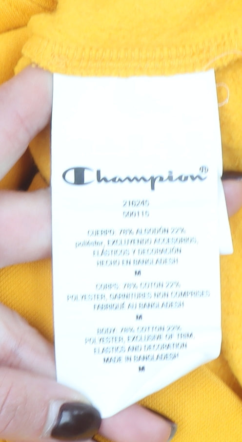 Champion Mens Yellow Pullover Hoodie Medium Logo Graphic Cotton Blend
