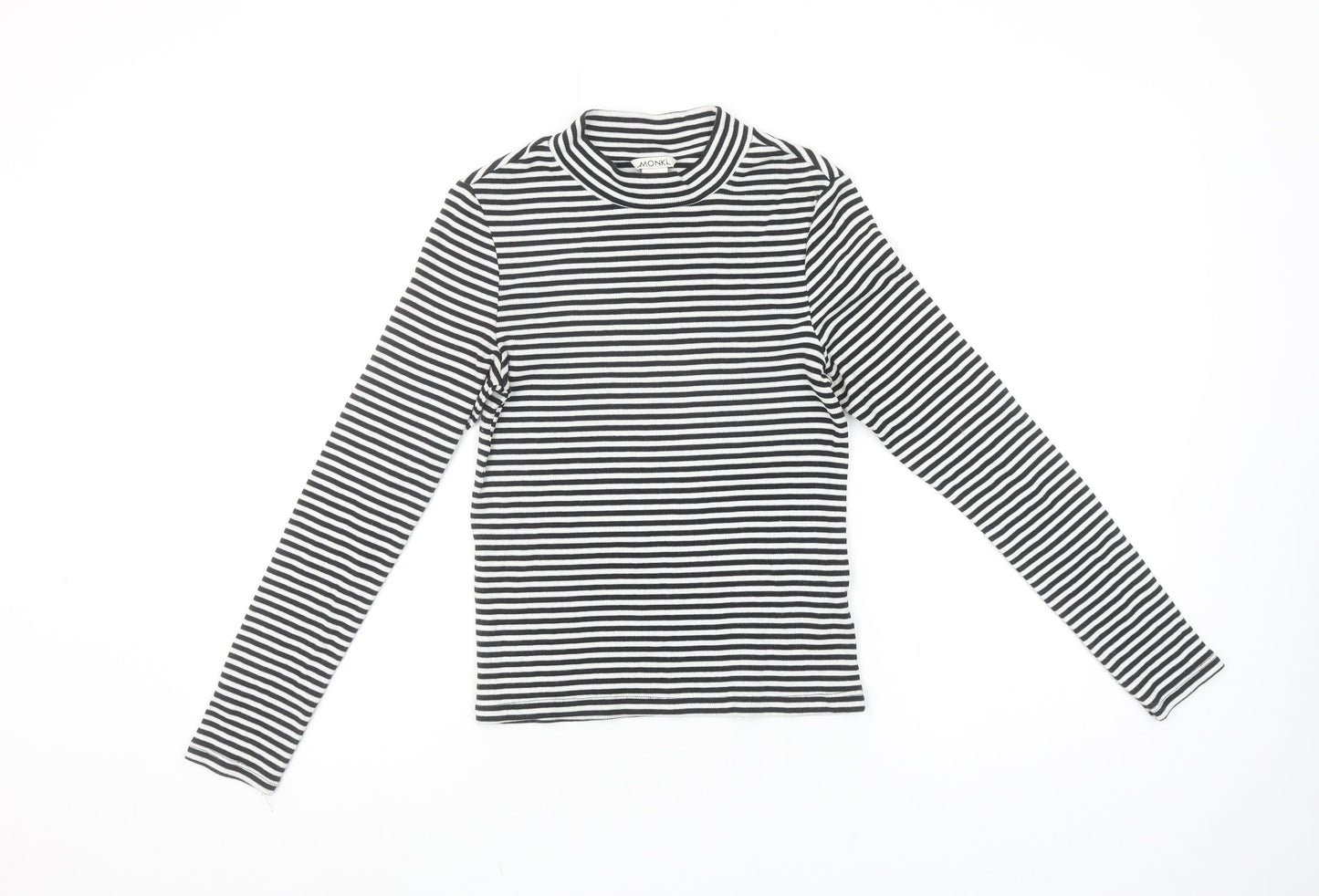 Monki Women's Black Striped Mock Neck Long Sleeve Cotton Top Size S