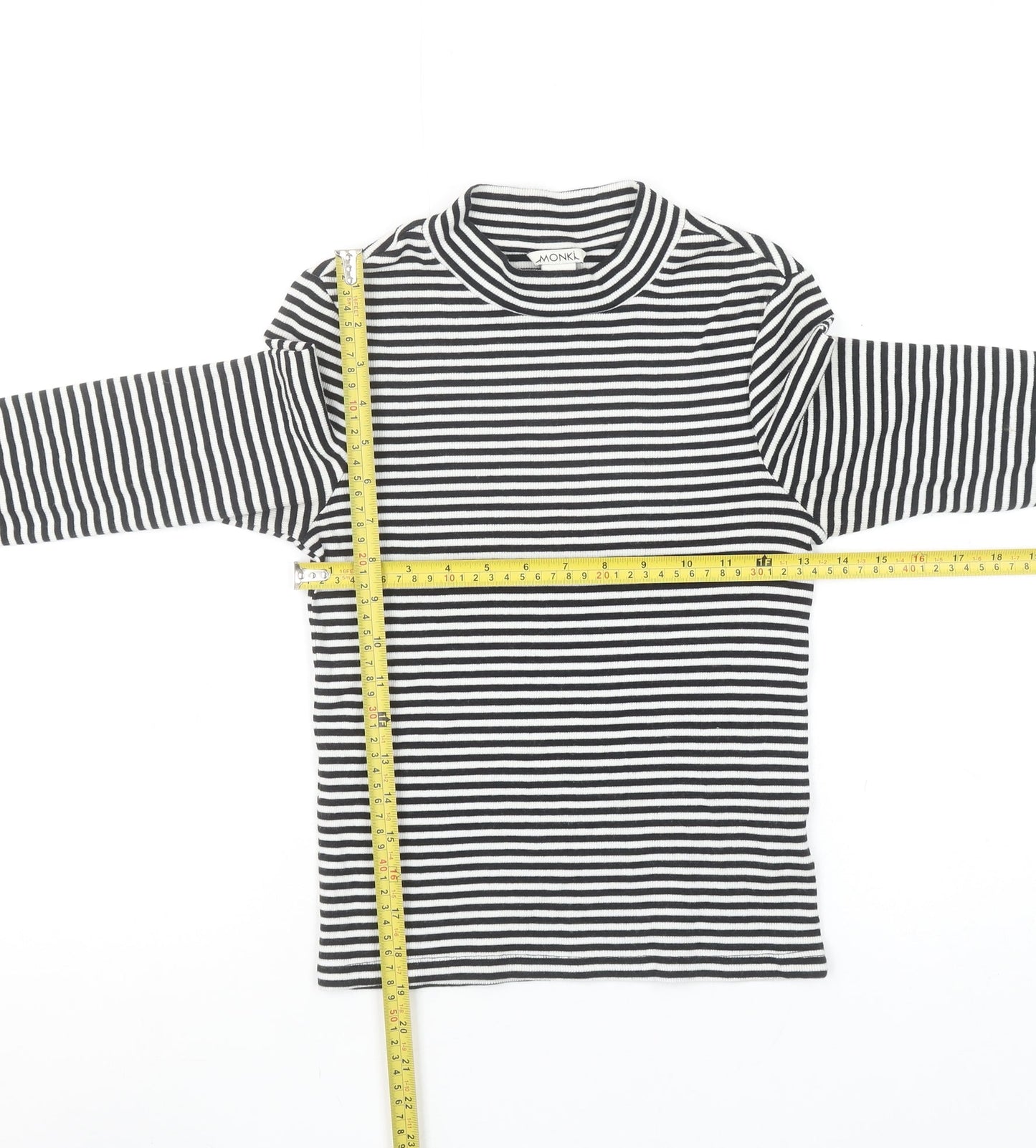 Monki Women's Black Striped Mock Neck Long Sleeve Cotton Top Size S