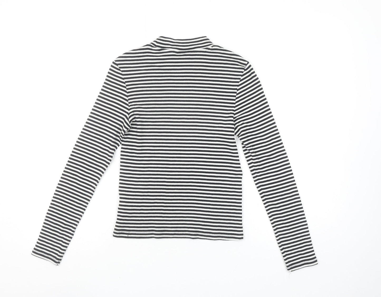 Monki Women's Black Striped Mock Neck Long Sleeve Cotton Top Size S