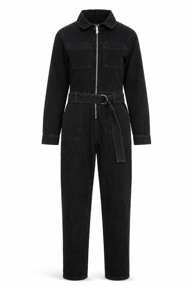 Front view of Denim Co. Women's Black Denim Belted Jumpsuit, size 4, Regular