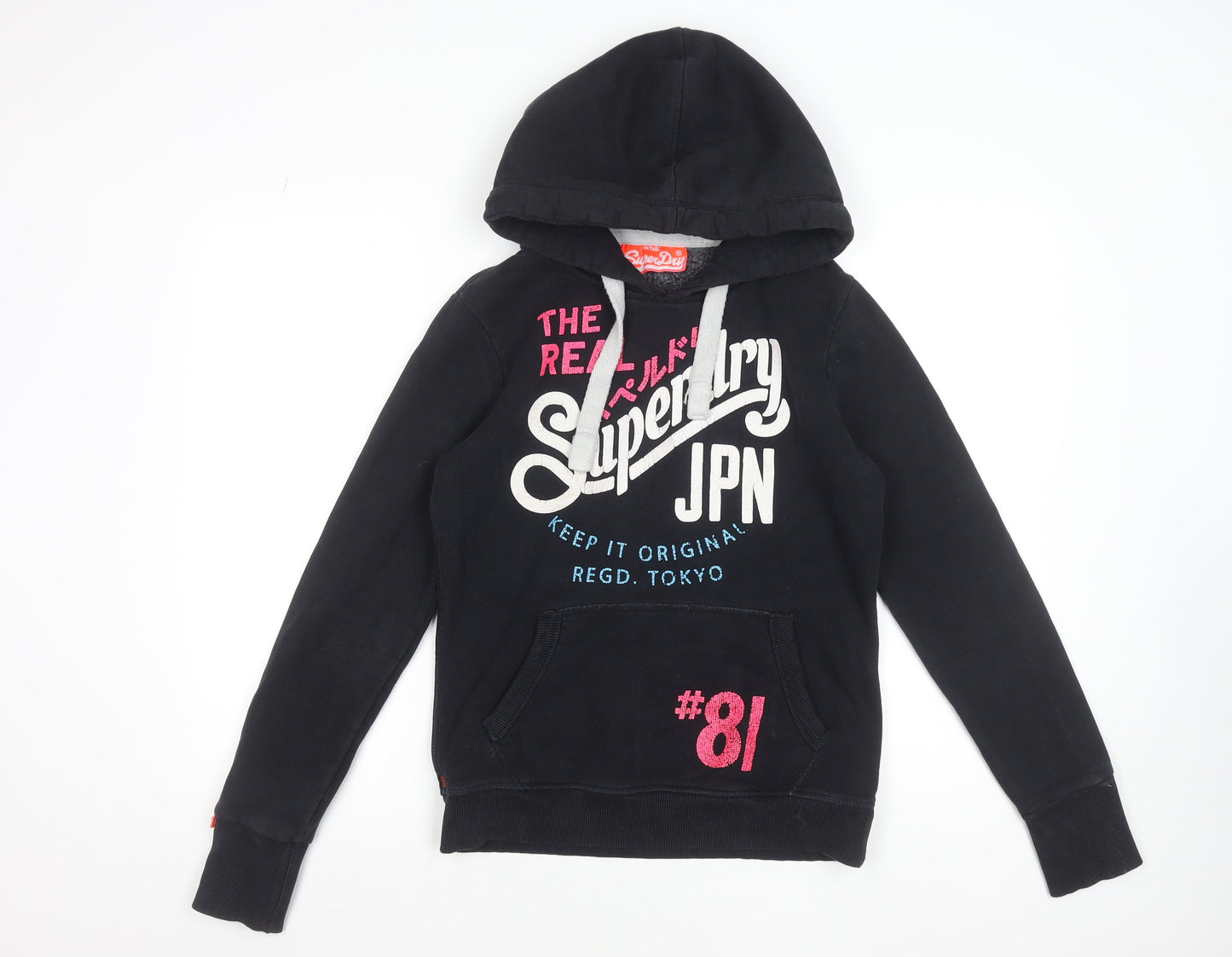 Superdry Women's Black Hoodie Small Pullover Graphic Print Cotton Blend