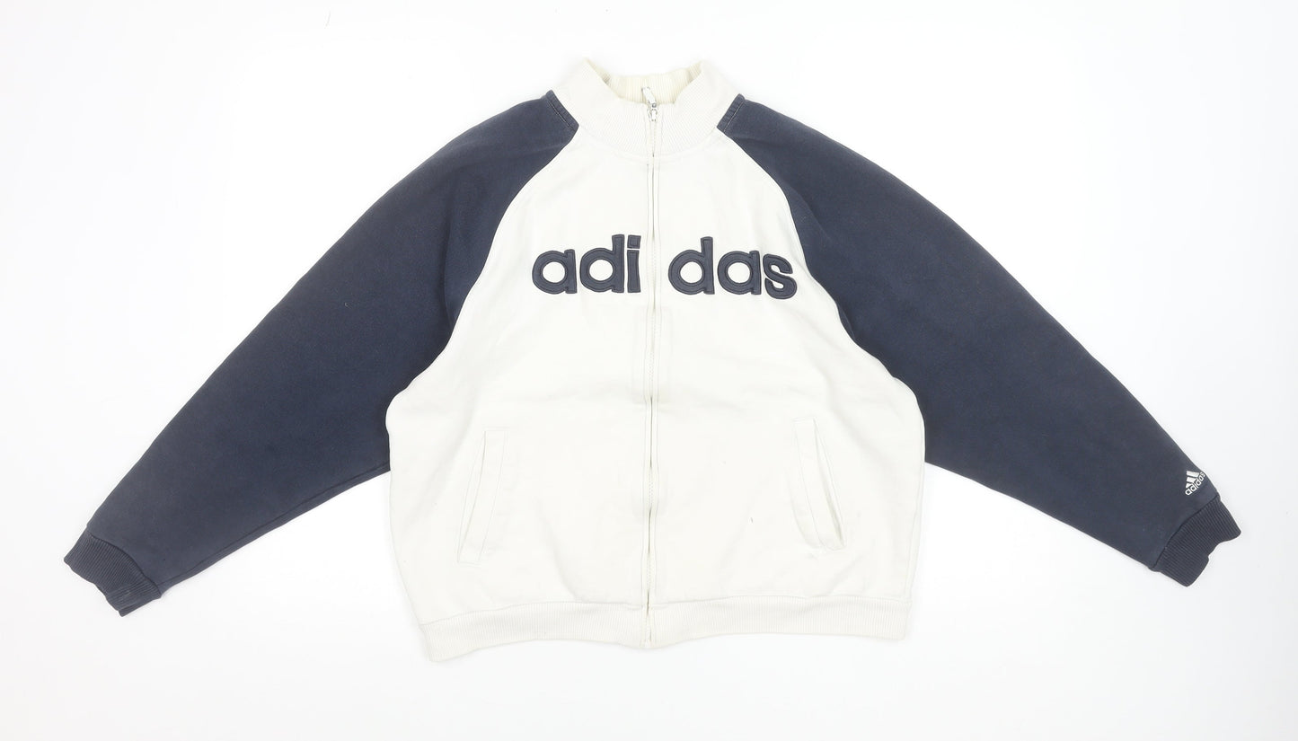 Adidas Women White & Navy Full Zip Hoodie Size 14 Cotton Blend