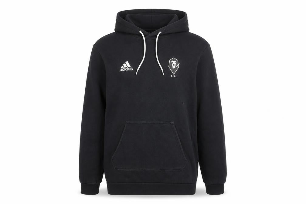 Front view of Adidas Men's Black Hoodie SCFC Logo Pullover, size M, Cotton Blend