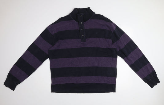 GANT Men Purple Black Striped 2XL Henley Mock Neck Jumper