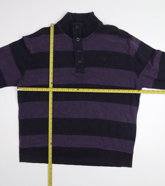 GANT Men Purple Black Striped 2XL Henley Mock Neck Jumper