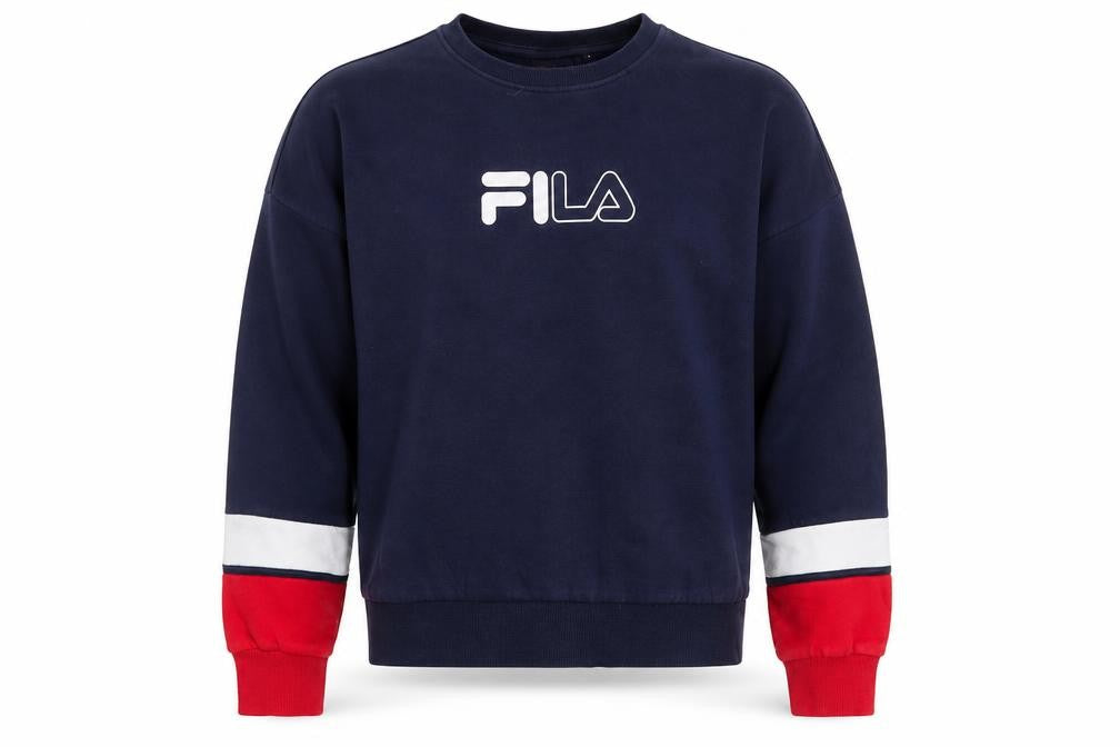 Front view of Fila Men’s Blue Crew Neck Pullover Sweatshirt M Logo Sports Style