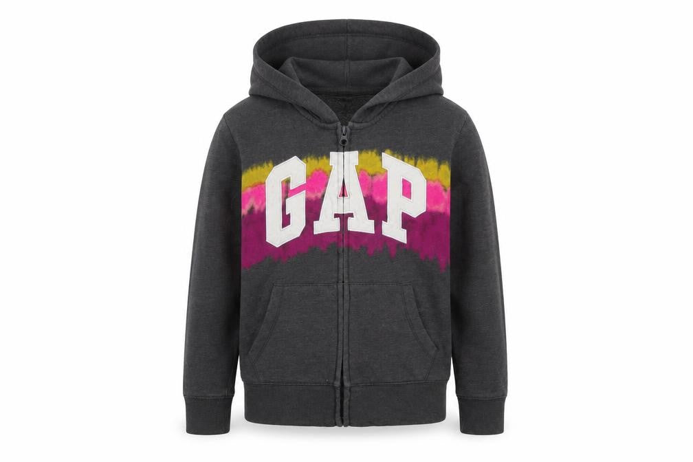 Front view of Gap Kids girls’ charcoal full zip hoodie l 10 logo graphic cotton blend