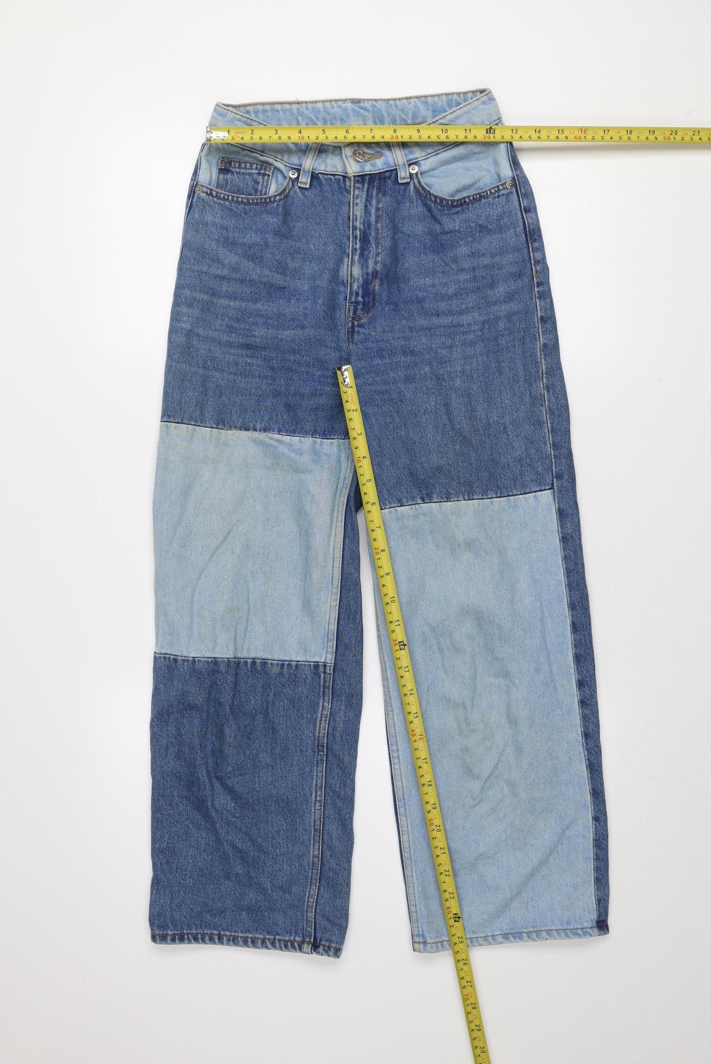 Monki Women’s Blue Patchwork Denim Straight Jeans Size 24