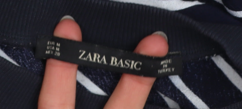 Zara Basic Women Blue Striped Long Sleeve Tie Front T-Shirt M