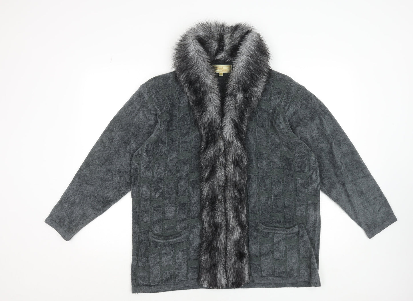Frank Saul Women's Grey Faux Fur Trim Mid-Length Jacket M