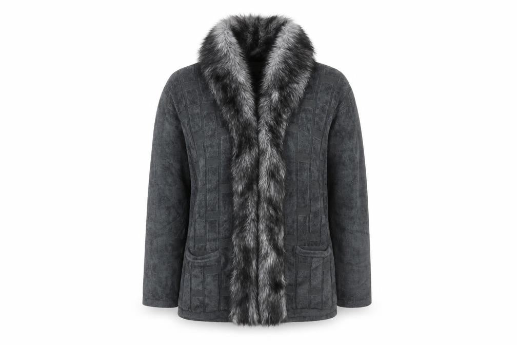 Front view of Frank Saul's Grey Faux Fur Trim Mid-Length Jacket M