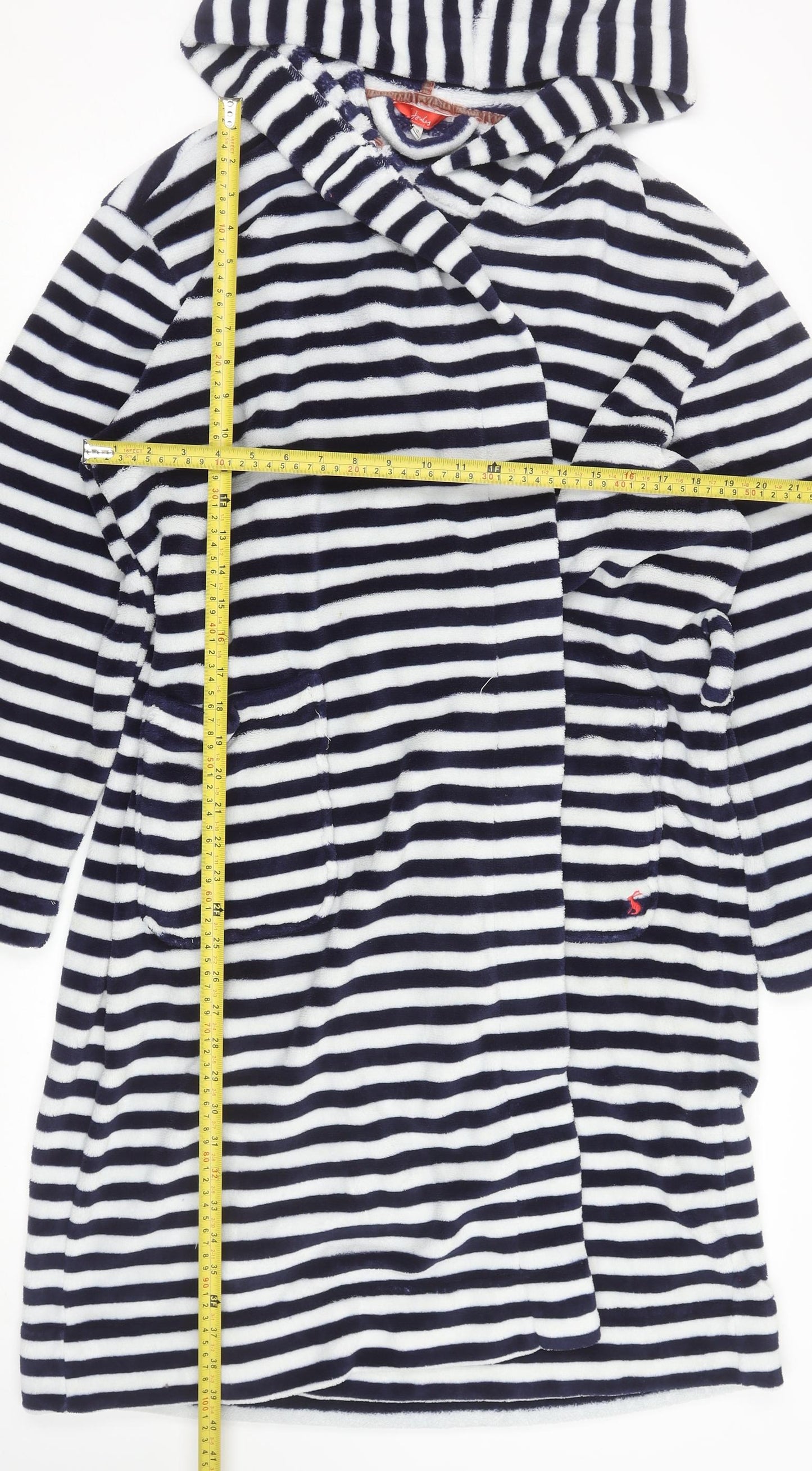 Joules Women's Blue White Striped Fleece Hooded Robe L