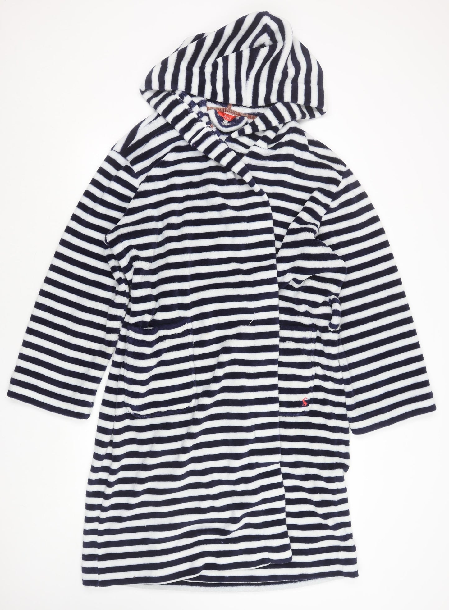 Joules Women's Blue White Striped Fleece Hooded Robe L