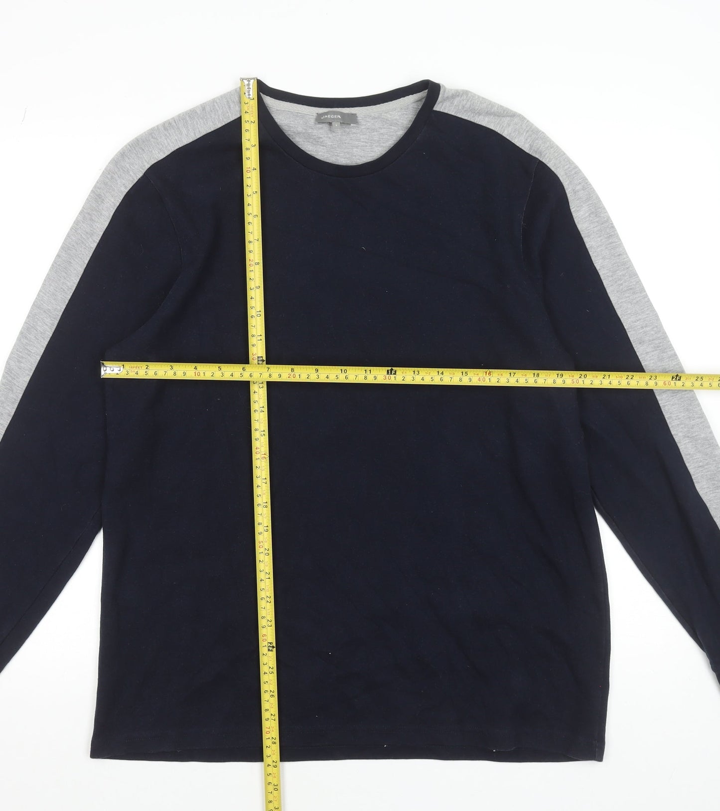 Jaeger Men's Navy & Grey Long Sleeve Crew Neck Cotton Blend T-Shirt Size L