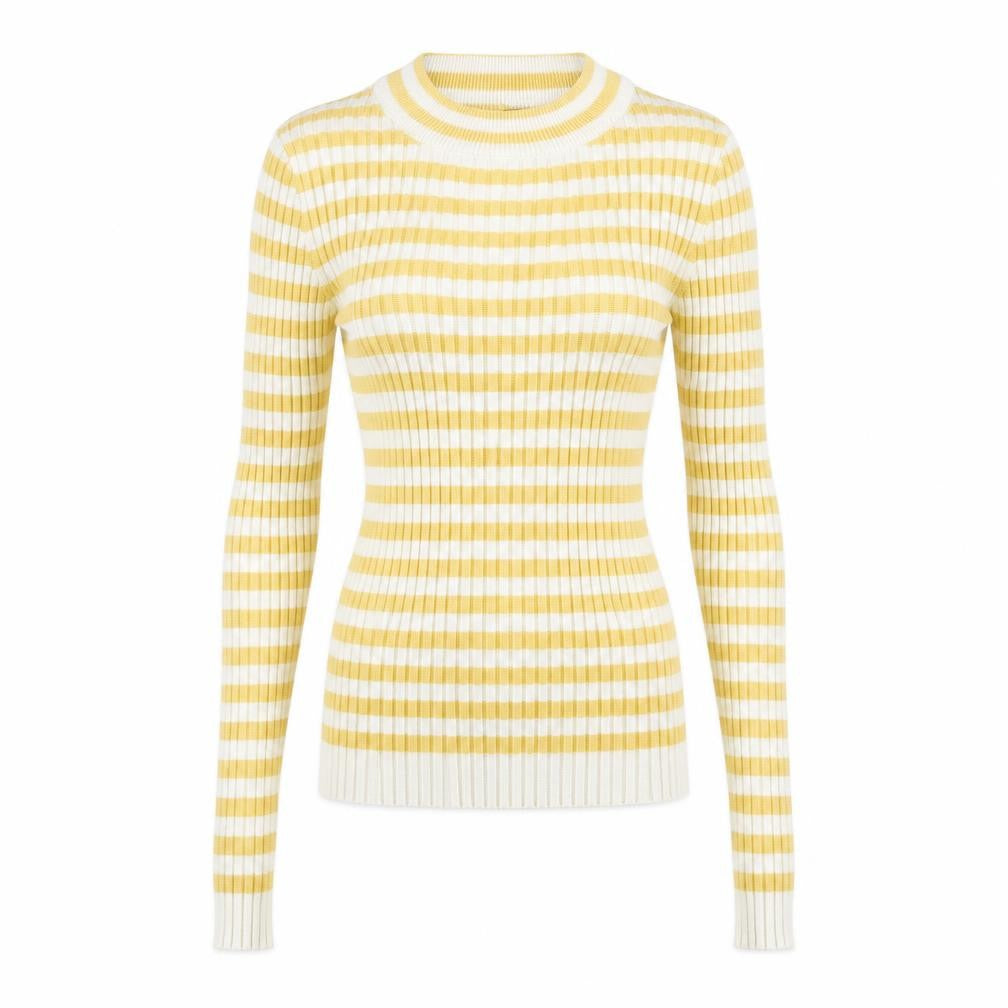 Pieces Women's Yellow White Striped Ribbed Long Sleeve Knit Top XS