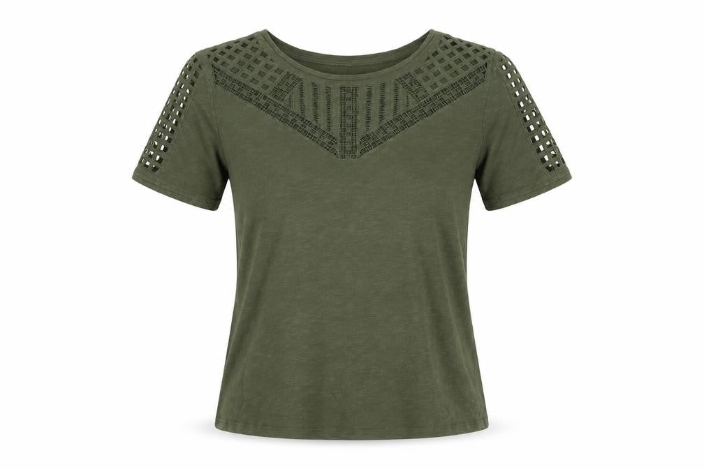 Jasper Conran Women's Green Cotton Crochet Trim T-Shirt Size 14