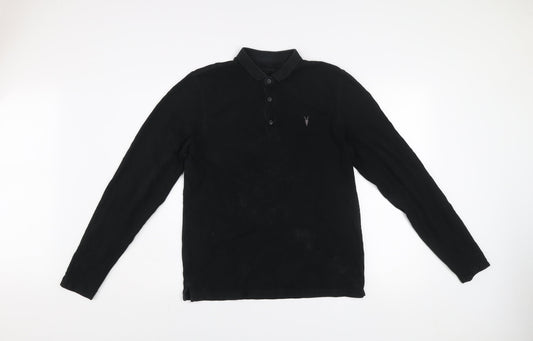 AllSaints Men's Black Long Sleeve Cotton Polo Shirt Size M