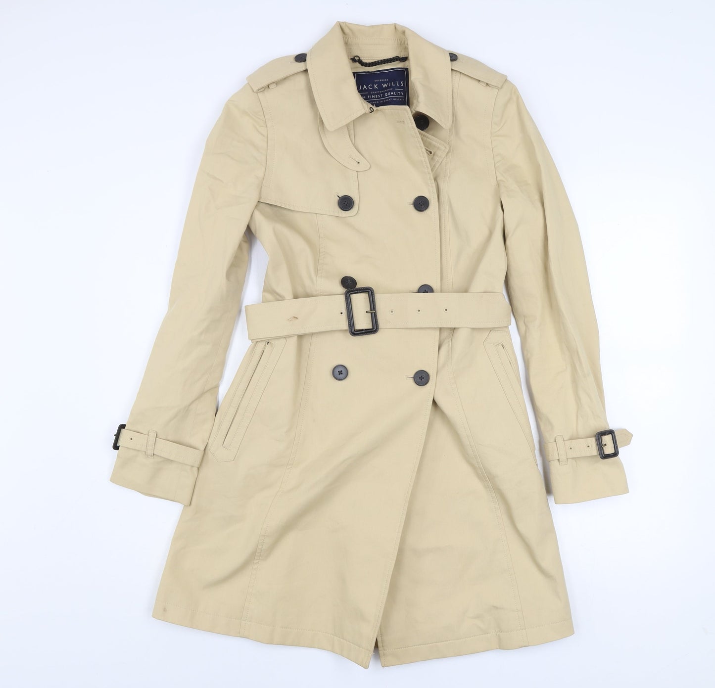 Jack Wills Womens Beige Trench Coat Size 8 Belted Mid-Length Classic