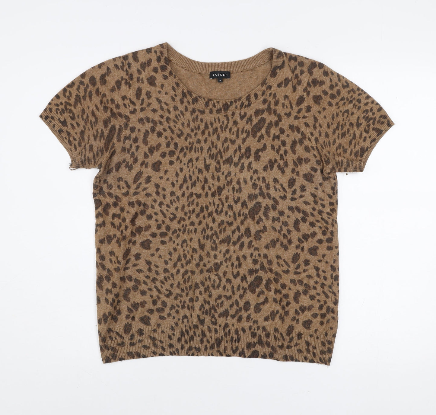 Jaeger Women Brown Animal Print Wool Blend Short Sleeve Top M