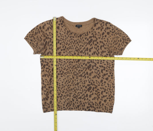 Jaeger Women Brown Animal Print Wool Blend Short Sleeve Top M