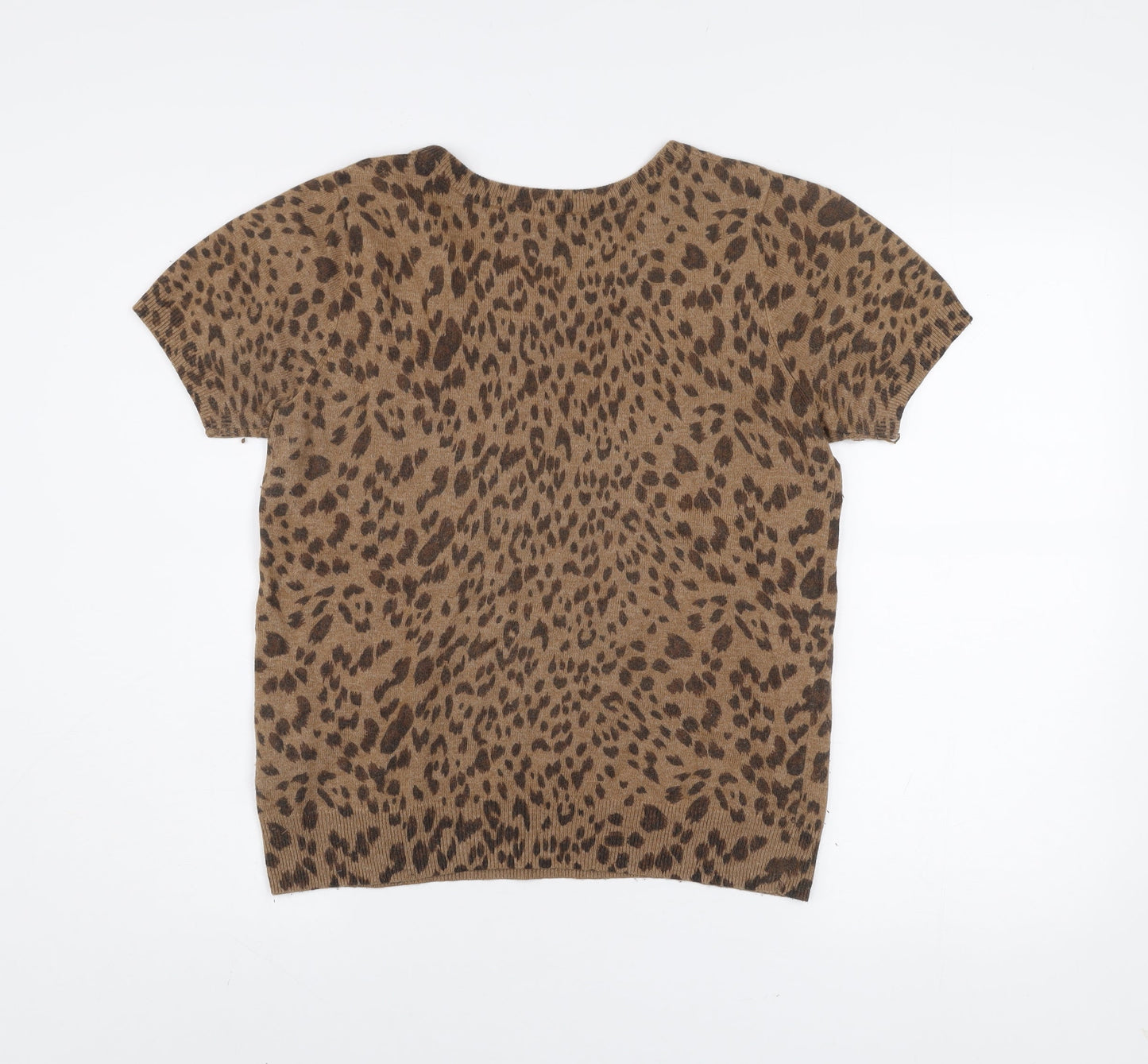 Jaeger Women Brown Animal Print Wool Blend Short Sleeve Top M