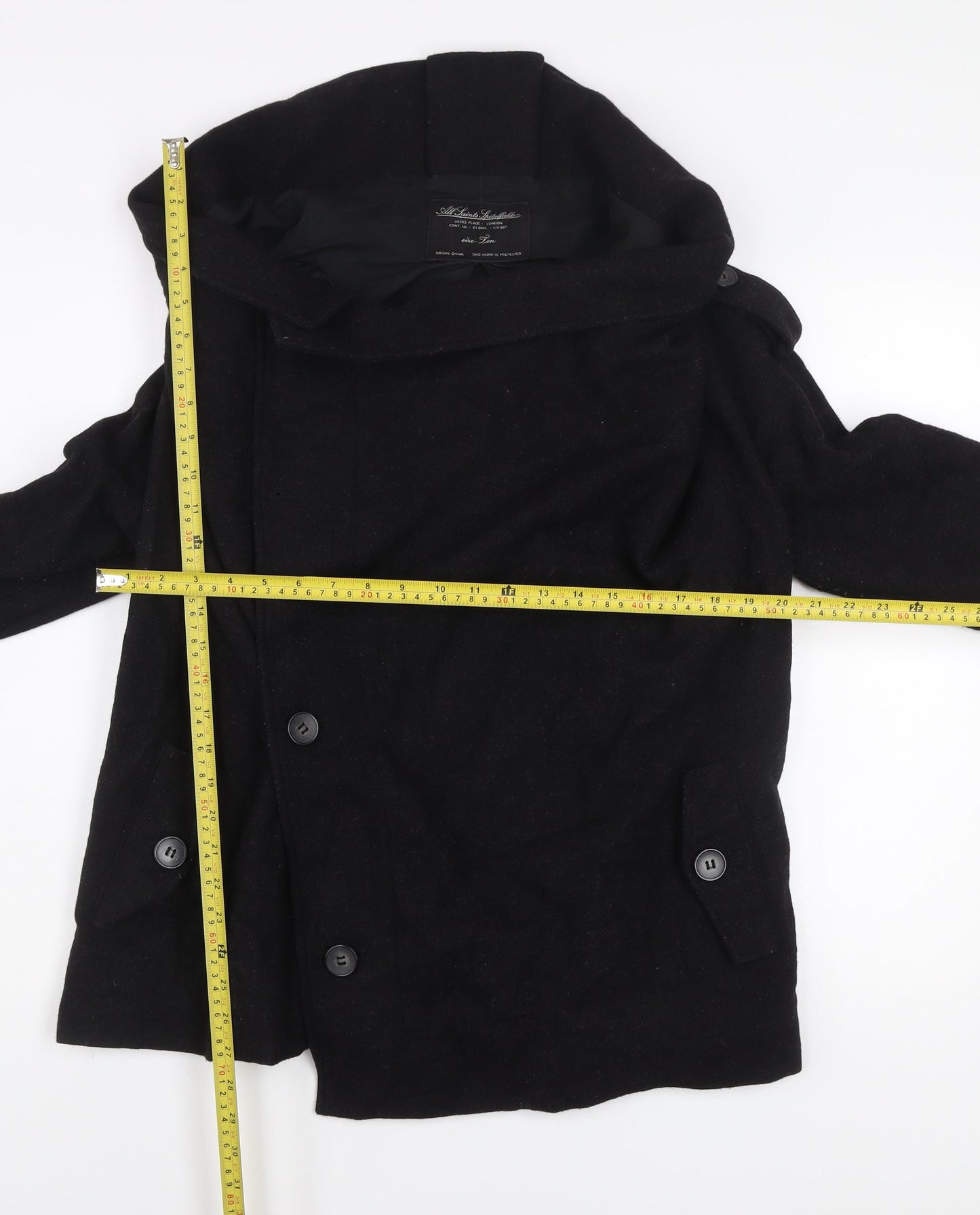 AllSaints Womens Black Wool Blend Pea Coat Jacket Size 10