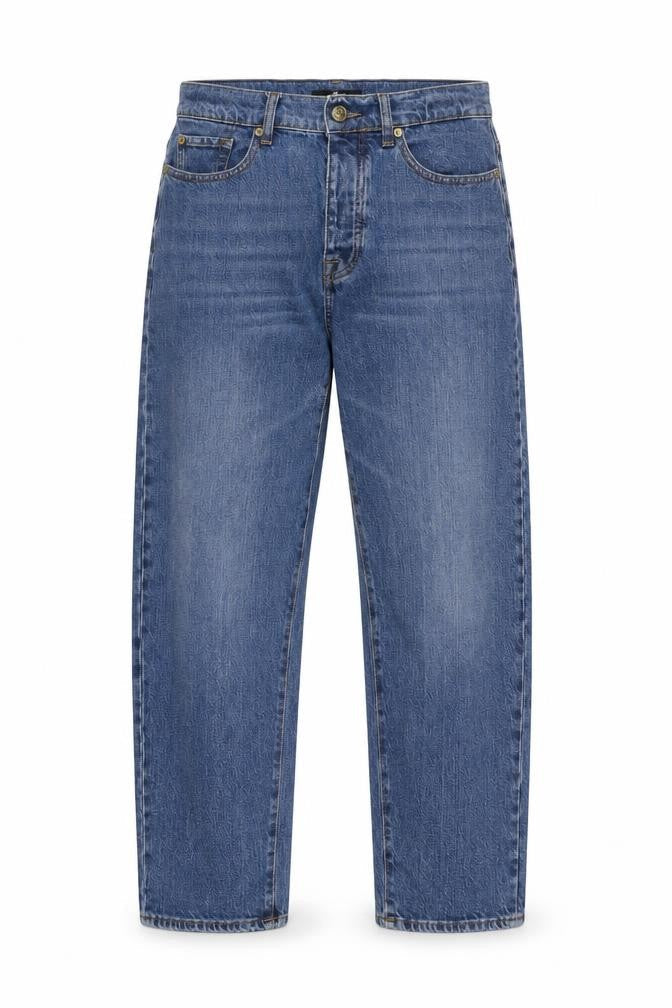 Front view of 7 For All Mankind women’s blue denim straight jeans, size UK 27, regular fit