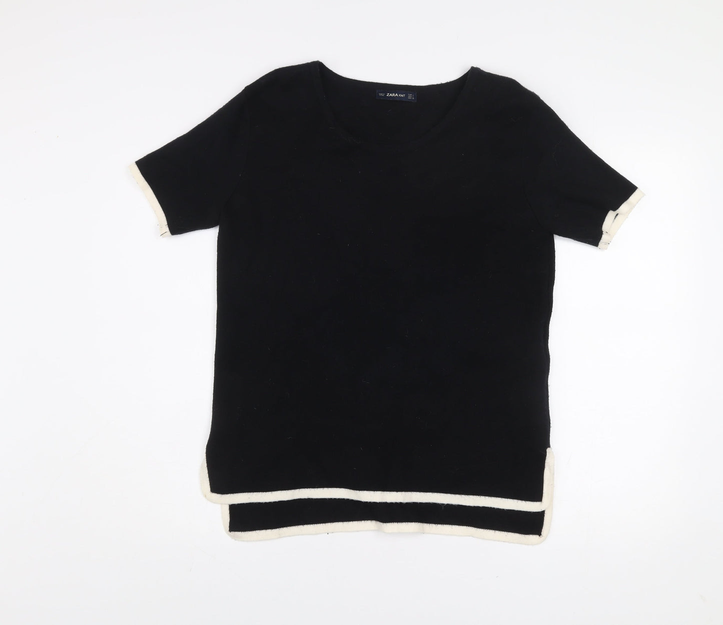 ZARA Women Black Knit Short Sleeve Round Neck T-Shirt L