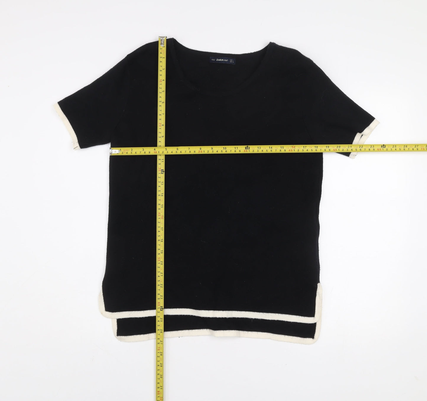ZARA Women Black Knit Short Sleeve Round Neck T-Shirt L