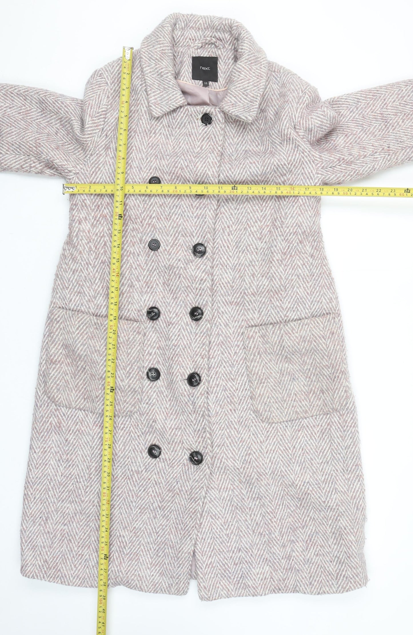 Next Women’s Beige Herringbone Wool Blend Long Overcoat Size 10