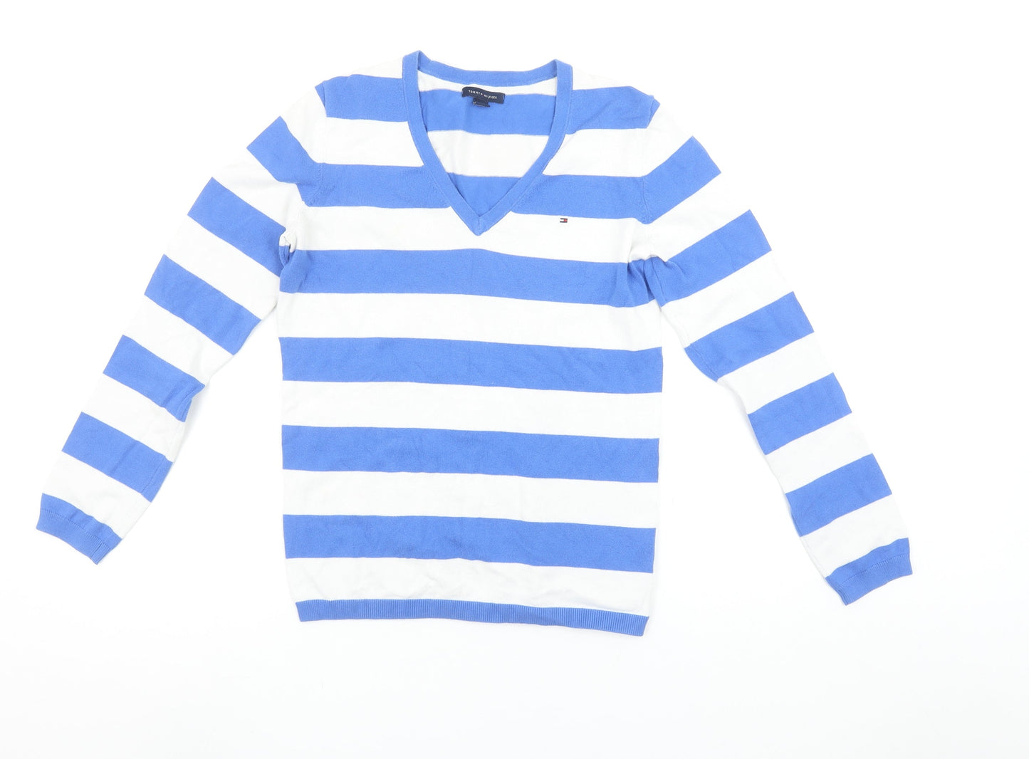 Tommy Hilfiger Women's Blue White Striped V-Neck Cotton Jumper Size S