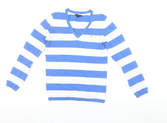 Tommy Hilfiger Women's Blue White Striped V-Neck Cotton Jumper Size S