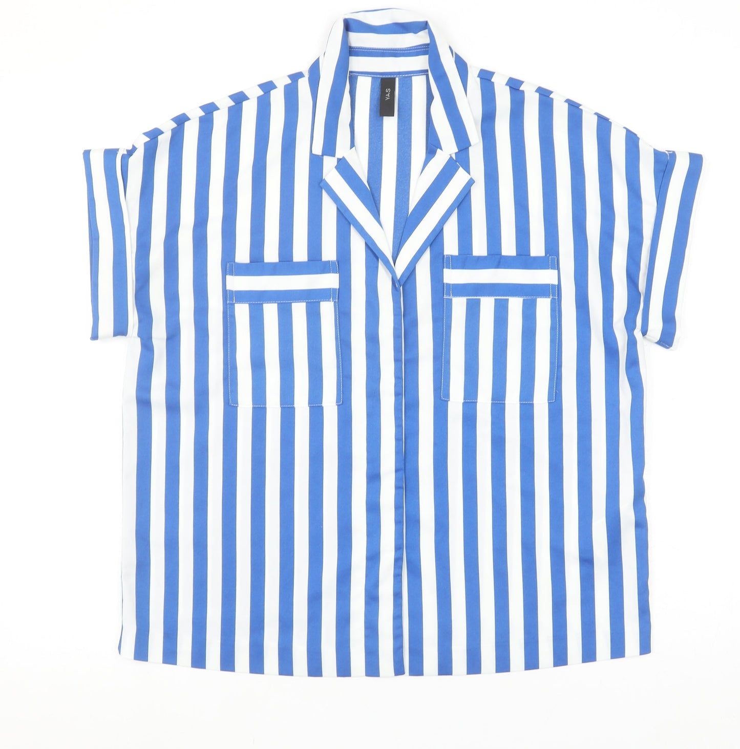 Y.A.S Womens Blue White Striped Collared Short Sleeve Button-Up Shirt M