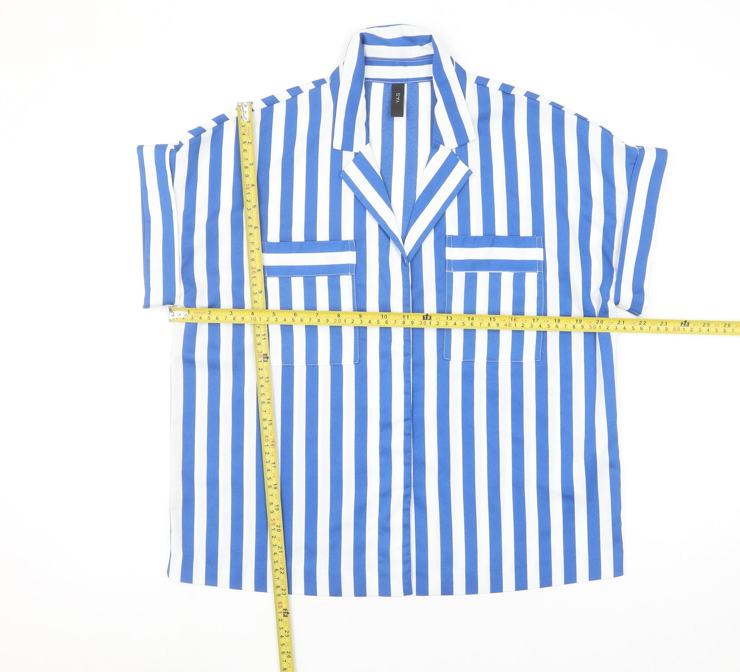 Y.A.S Womens Blue White Striped Collared Short Sleeve Button-Up Shirt M