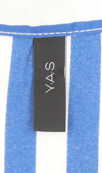 Y.A.S Womens Blue White Striped Collared Short Sleeve Button-Up Shirt M