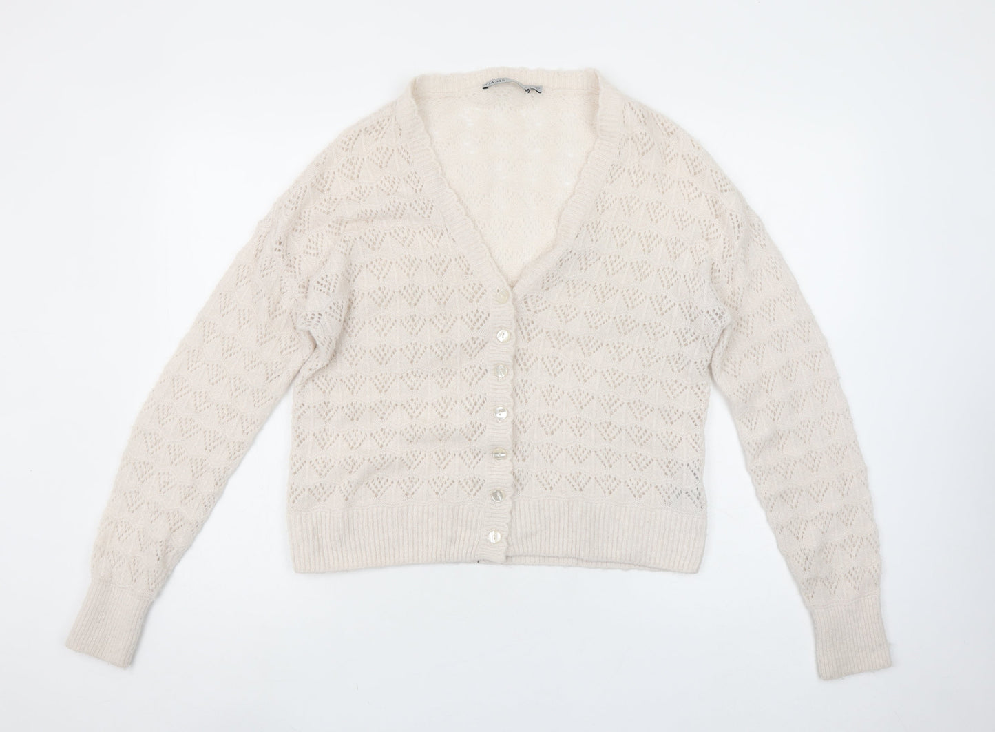 Oasis Women Beige Wool Blend V-Neck Button Cardigan Size M