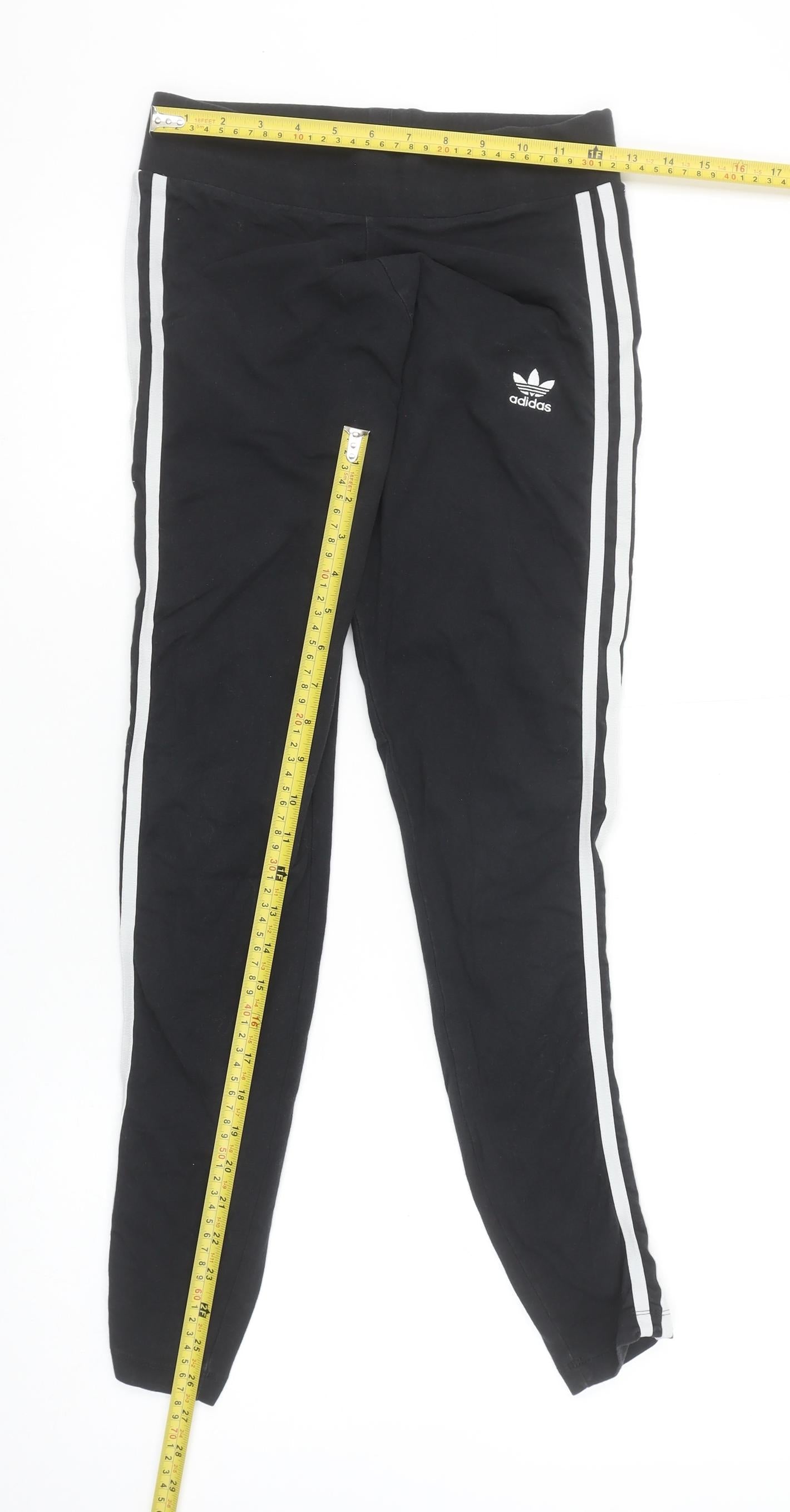 Adidas Women Black Cotton Blend Leggings UK 12 Side Stripe Sports Trousers