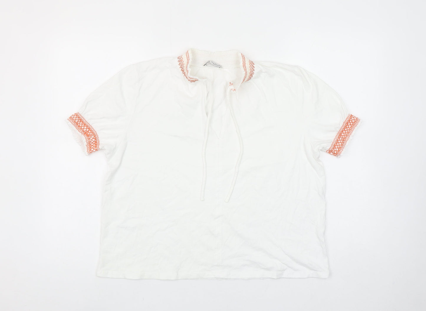 ZARA Women White Embroidered Collar Short Sleeve Cotton Tunic Blouse L