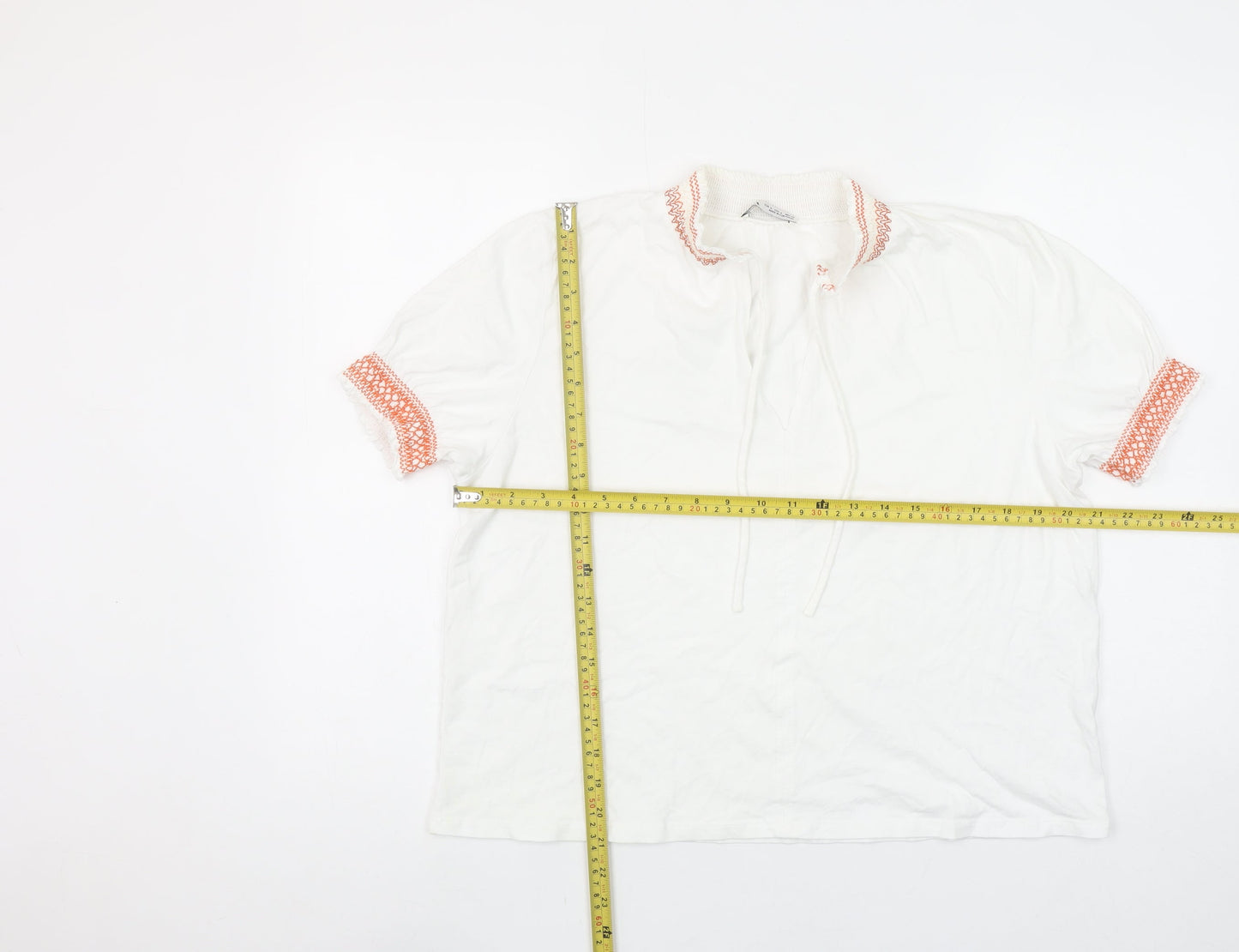 ZARA Women White Embroidered Collar Short Sleeve Cotton Tunic Blouse L