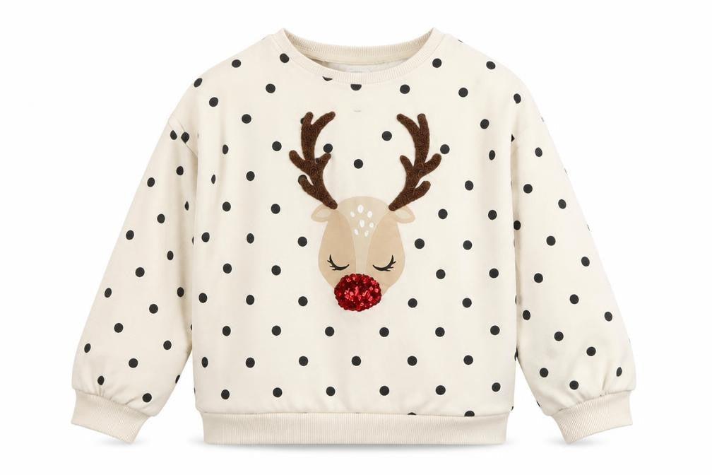 Front view of Next girls’ beige polka dot reindeer christmas sweatshirt 11 years