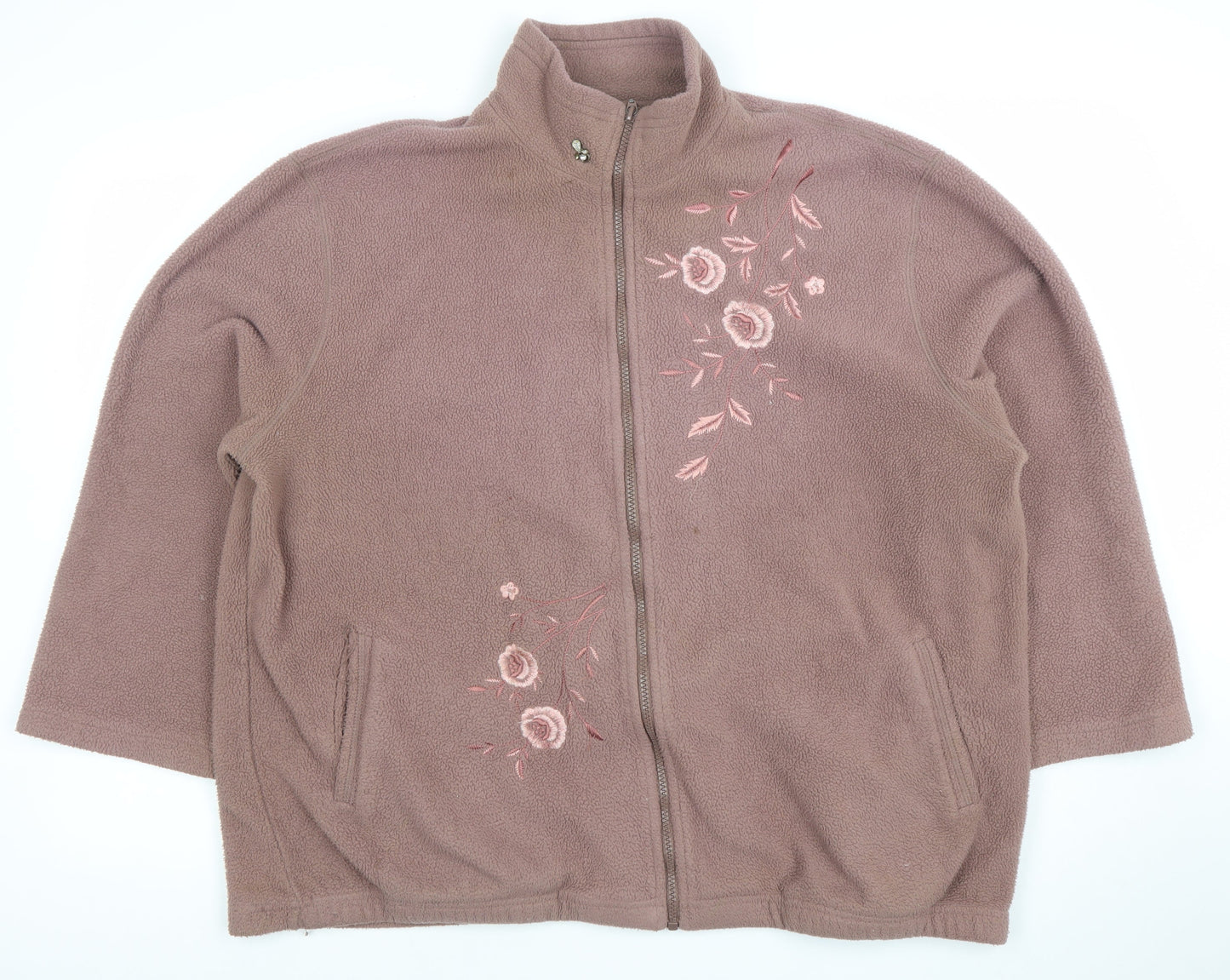 Affections Women Brown Embroidered Fleece Zip Jacket XL