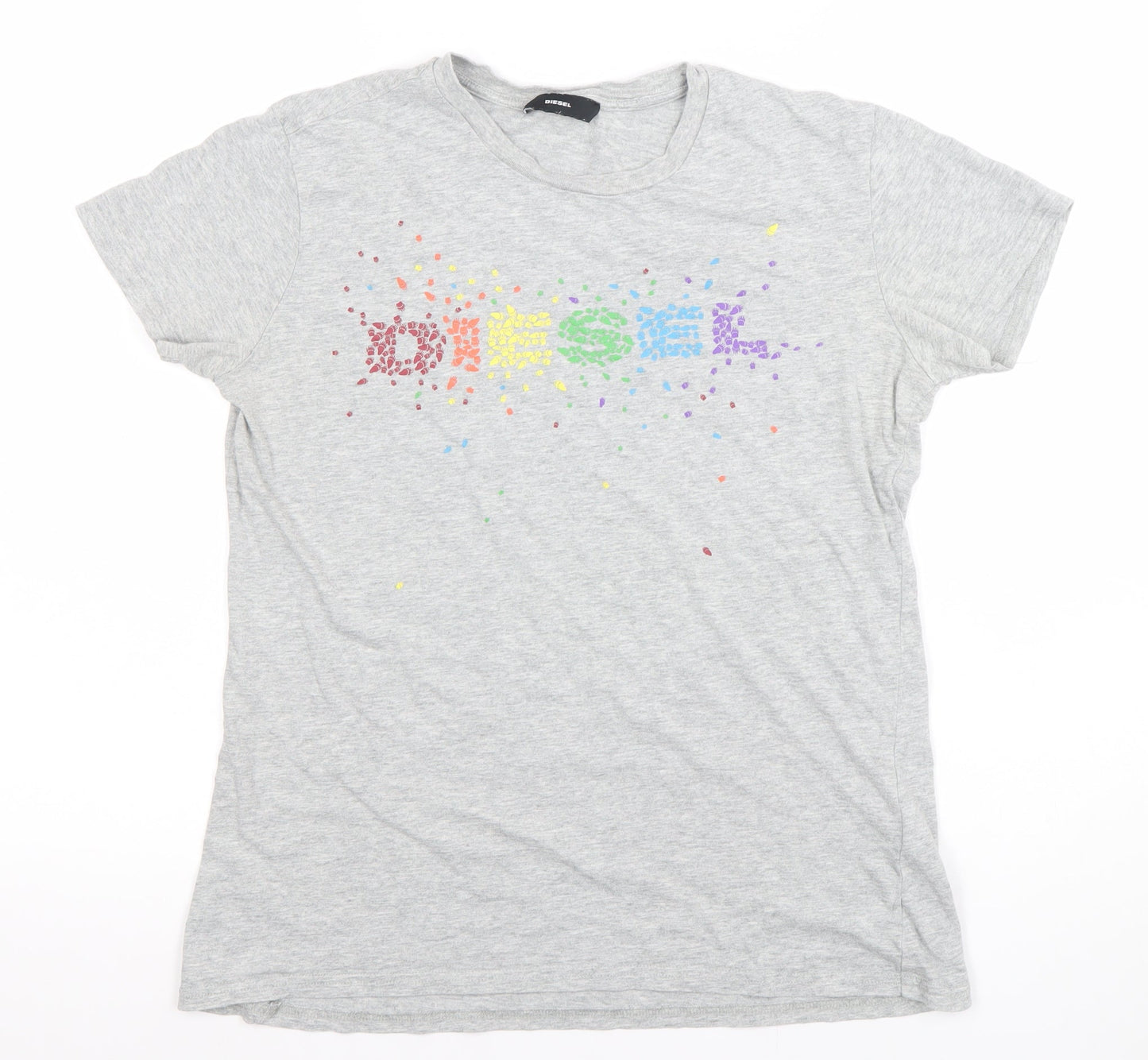 Diesel Womens Grey Rainbow Logo Cotton T-Shirt M