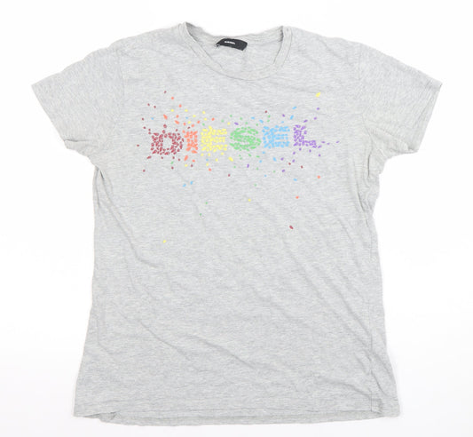 Diesel Womens Grey Rainbow Logo Cotton T-Shirt M