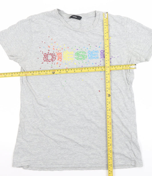 Diesel Womens Grey Rainbow Logo Cotton T-Shirt M